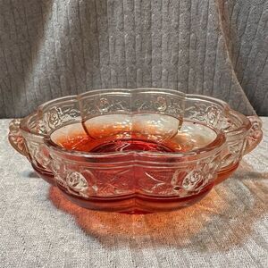 Vintage Jeannette Aztec Rose Amberina Glass Handled Basket Bowl